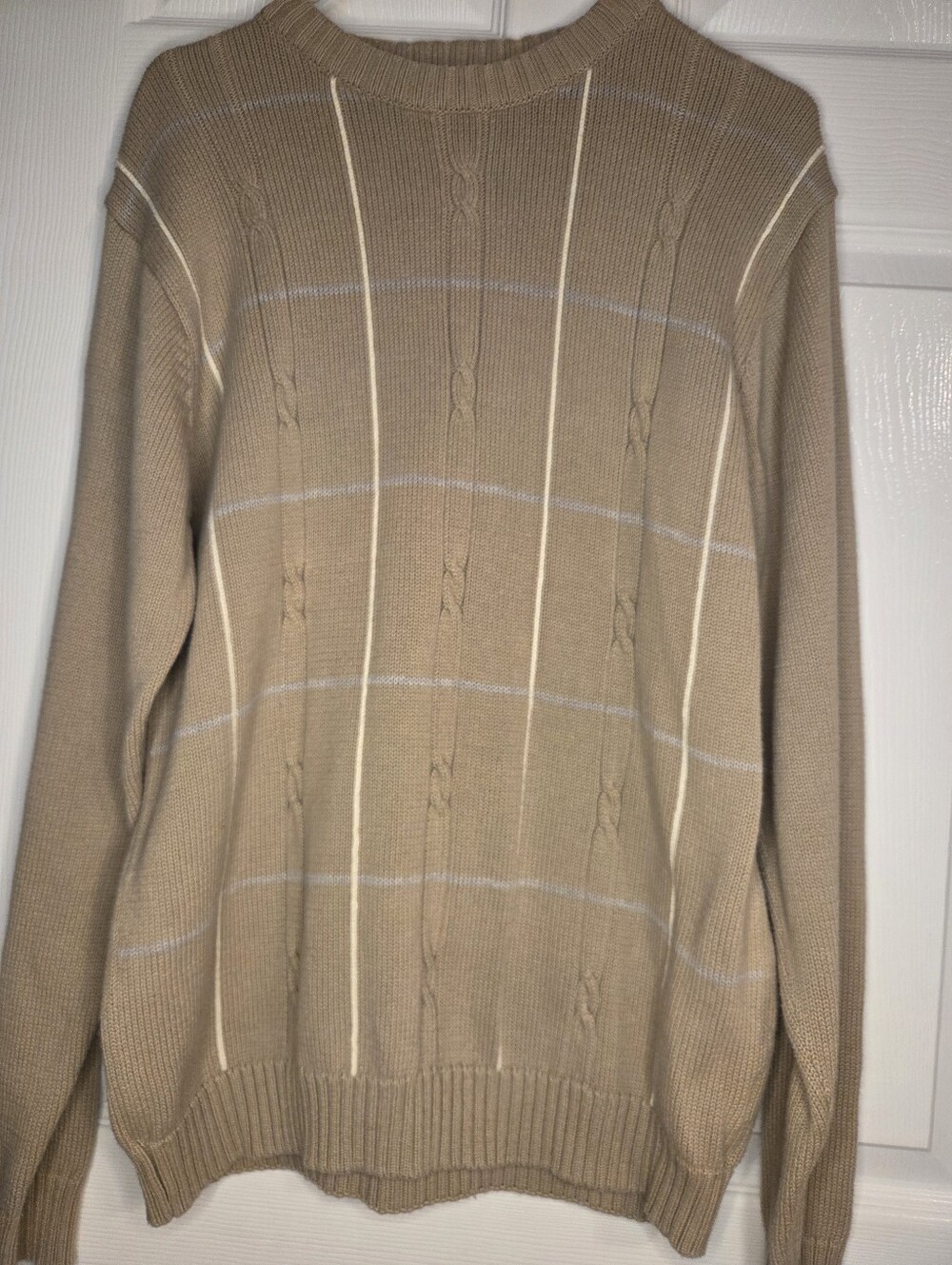 Men's Large Tan Crewneck Cable-Accent Plaid Sweater Haggar Brand EUC
